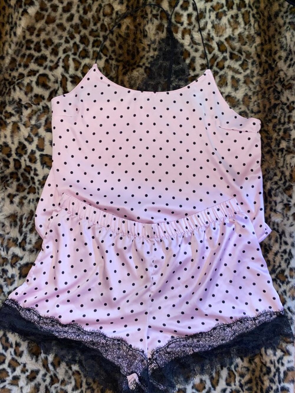 🖤 Victoria's Secret Pink & Black Polka Dot Satin Pajama Set Y2K
